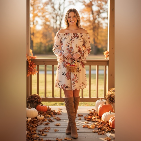 Dresses & Skirts - Floral Off Shoulder Dress With Ruffle Bell Sleeves